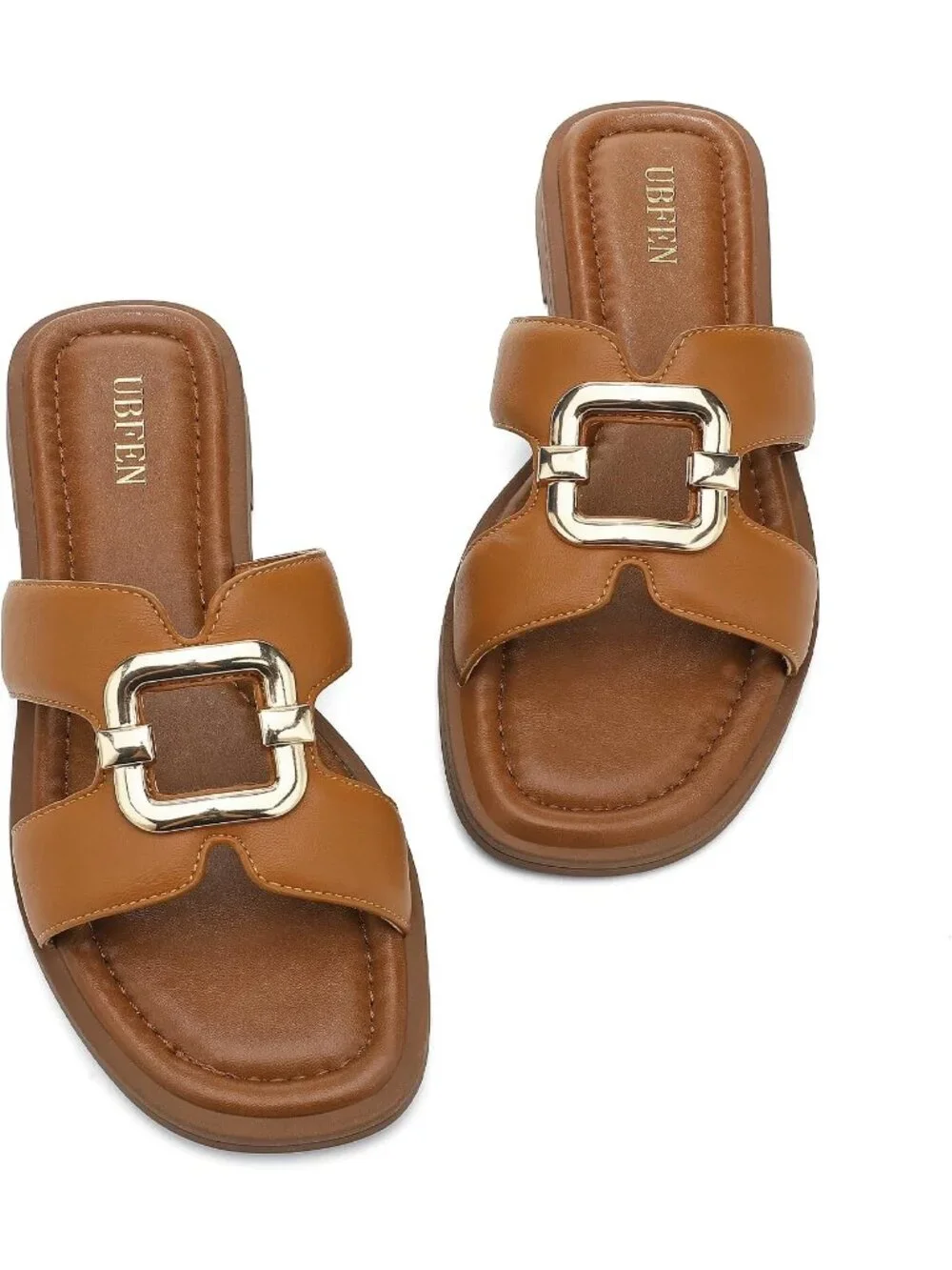 Women's All Brown Square Toe Flat Sandals Slides Dressy Comfortable for Beach